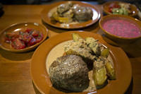 Meatball, potatoesw/mushroom sauce, borscht, tomato salad