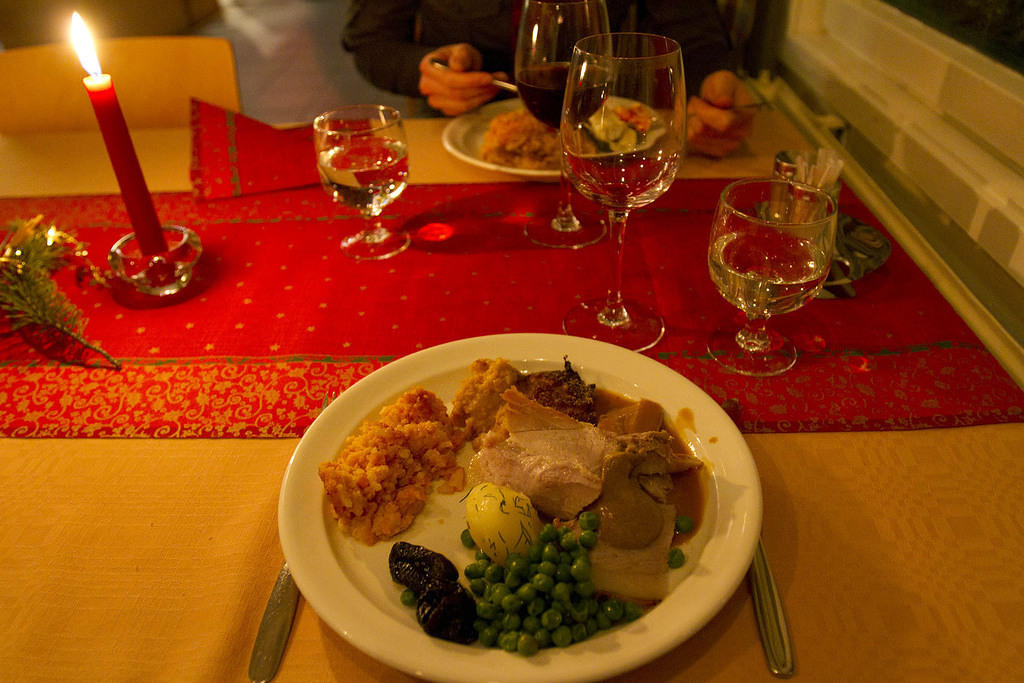 Christmas dinner: carrot and rice pudding, mashed swedes, ham with mustard, and peas with figs