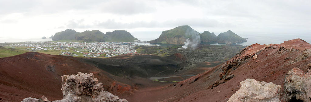 The town on Heimaey Island, from Eldifell.  It erupted in 1973, burying houses and adding a new coastline.