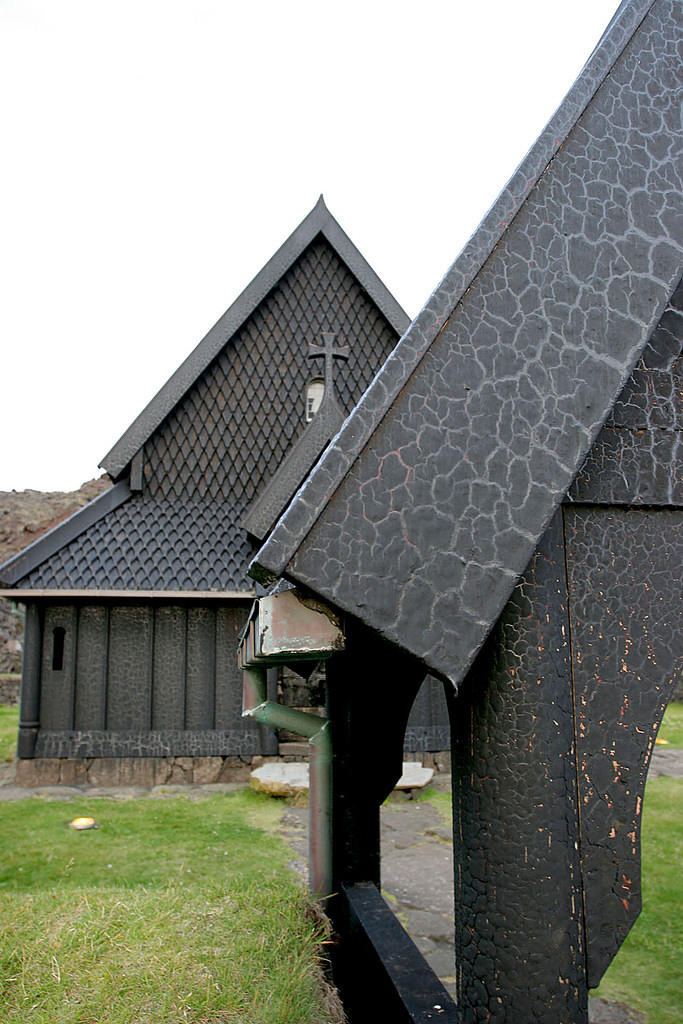 A charred church on Heimaey Island from the 1973 eruption