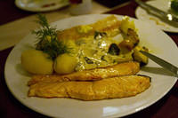 Lake Inari whitefish, salmon, potatoes with dill and a creamy mushroom sauce